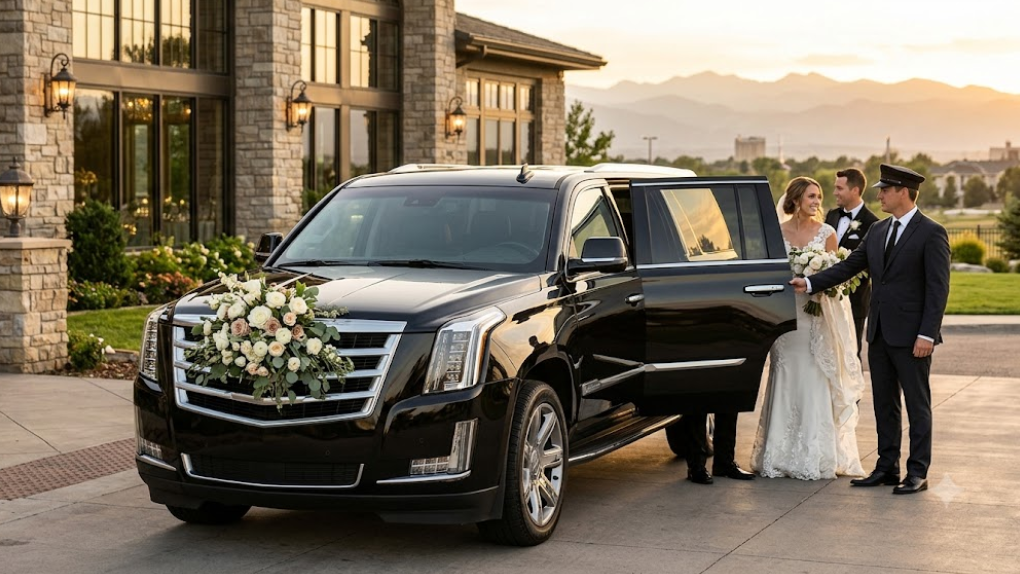 Luxury Denver wedding transportation with elegant limousine and chauffeur